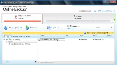 Acronis Online Backup screenshot