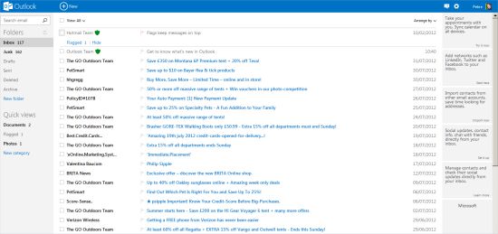 The new-look Microsoft Outlook.com mailbox, replacing Hotmail.com